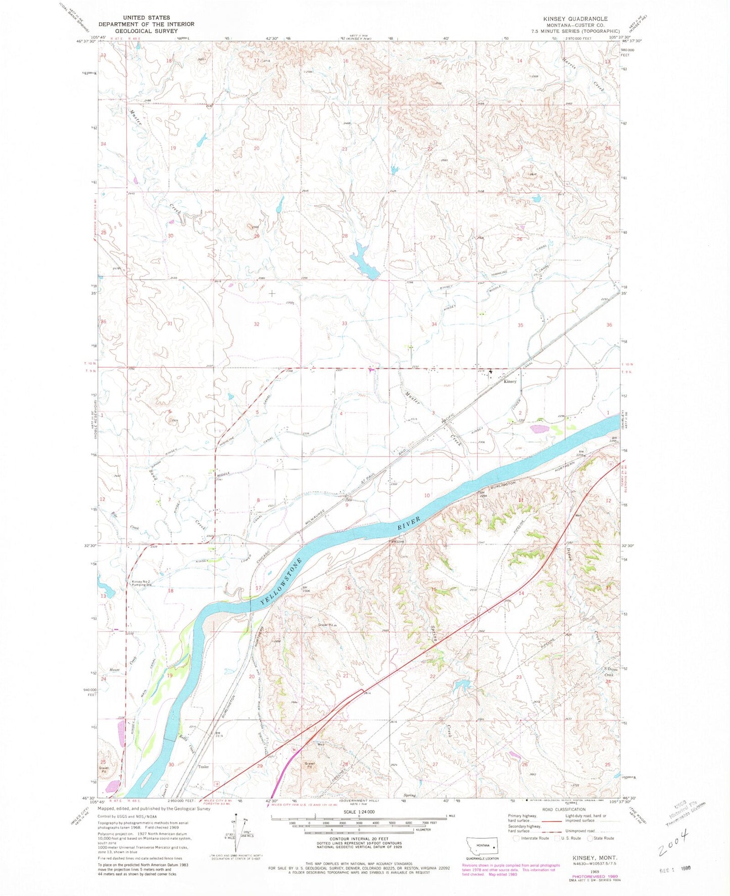 Classic USGS Kinsey Montana 7.5'x7.5' Topo Map Image