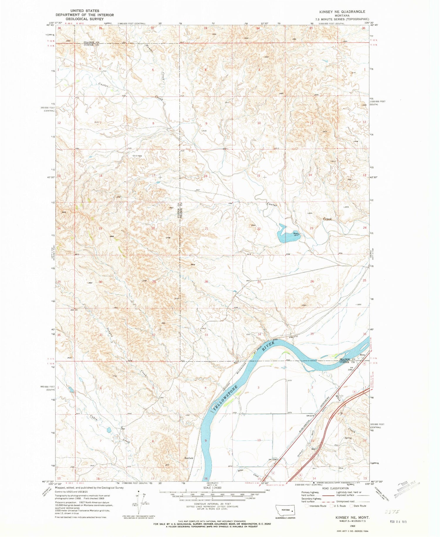 Classic USGS Kinsey NE Montana 7.5'x7.5' Topo Map Image