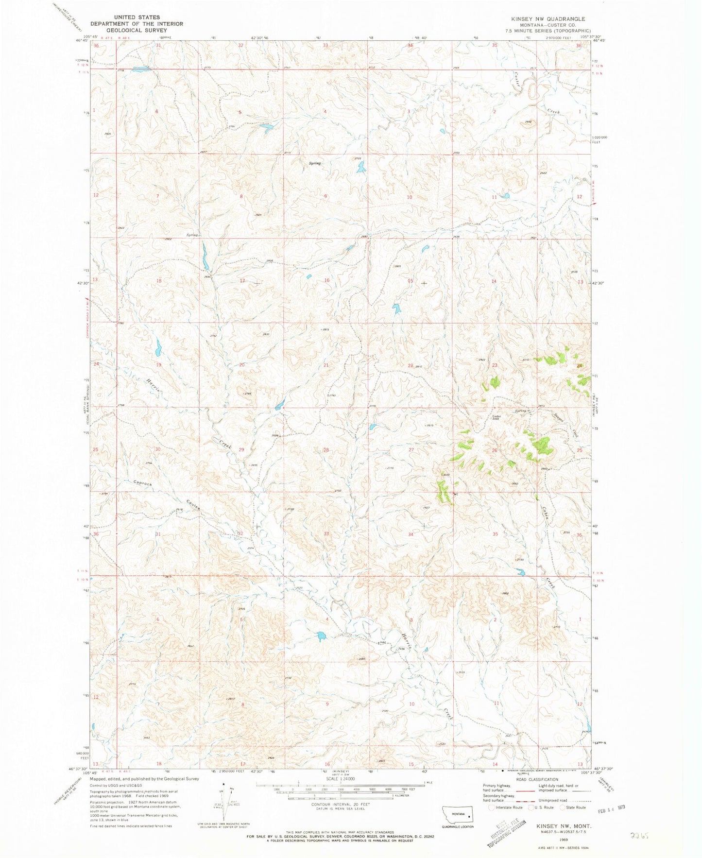 Classic USGS Kinsey NW Montana 7.5'x7.5' Topo Map Image