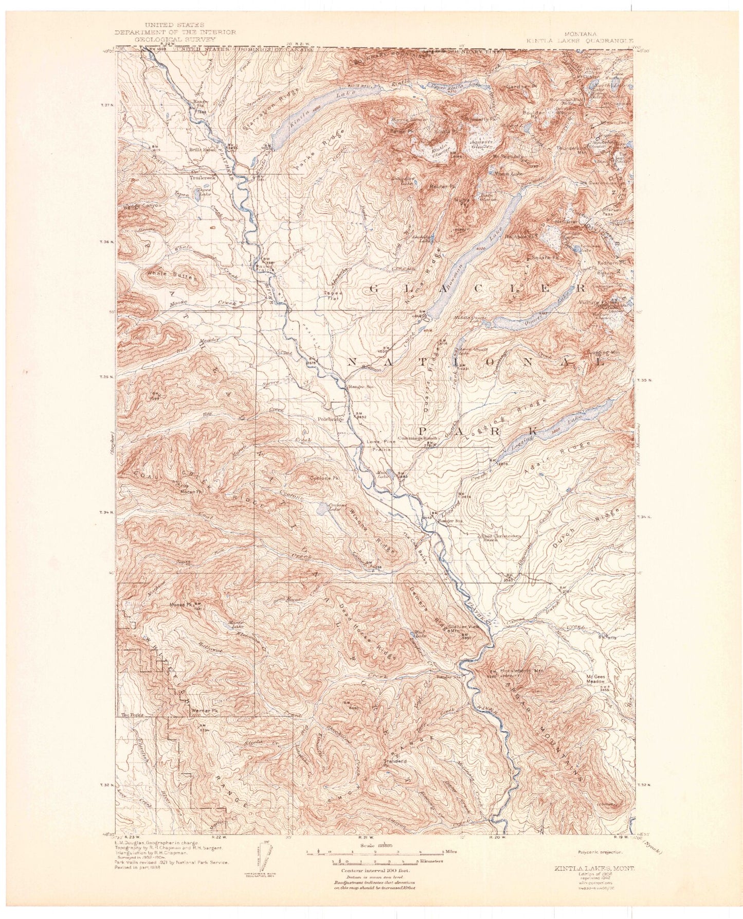 Historic 1906 Kintla Peak Montana 30'x30' Topo Map Image
