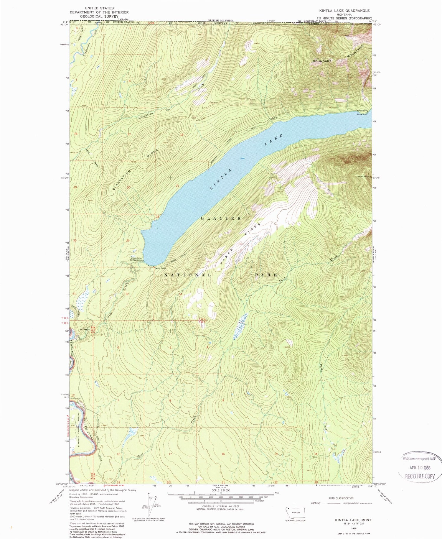 Classic USGS Kintla Lake Montana 7.5'x7.5' Topo Map Image