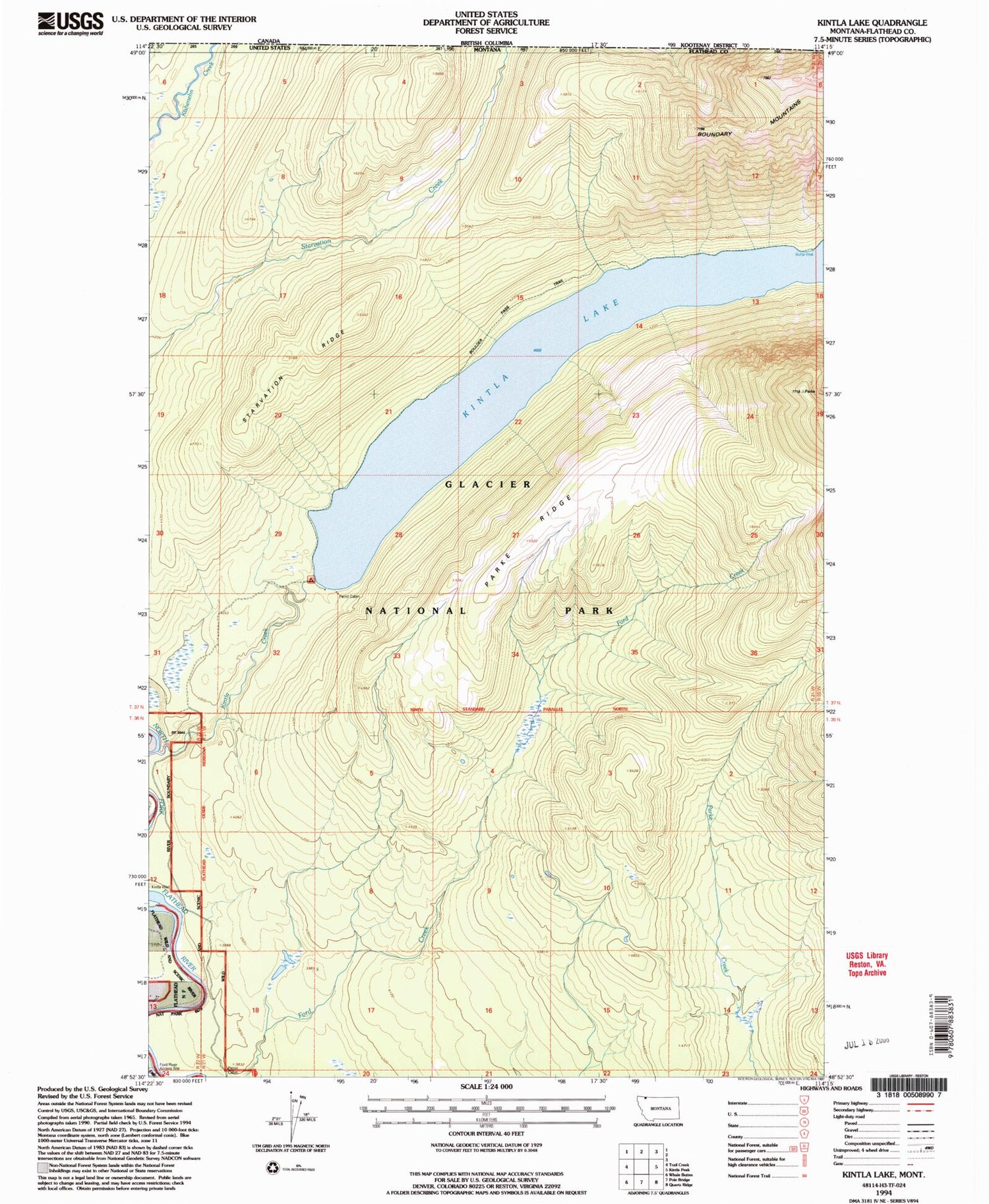 Classic USGS Kintla Lake Montana 7.5'x7.5' Topo Map Image