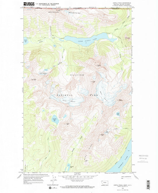 Classic USGS Kintla Peak Montana 7.5'x7.5' Topo Map Image