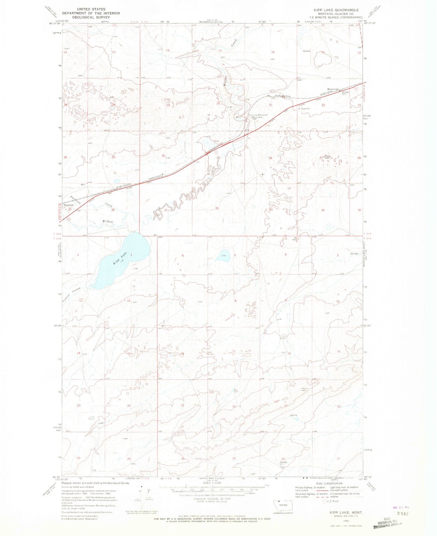 Classic USGS Kipp Lake Montana 7.5'x7.5' Topo Map Image