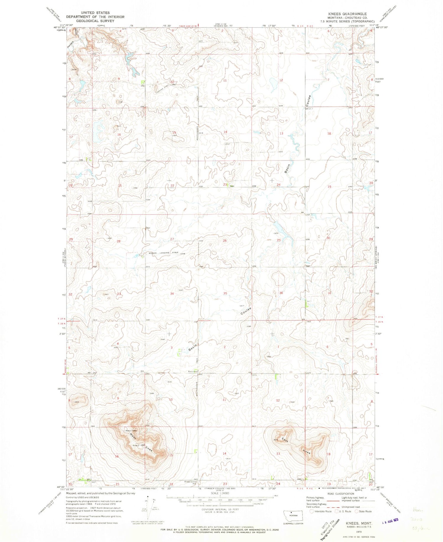 Classic USGS Knees Montana 7.5'x7.5' Topo Map Image