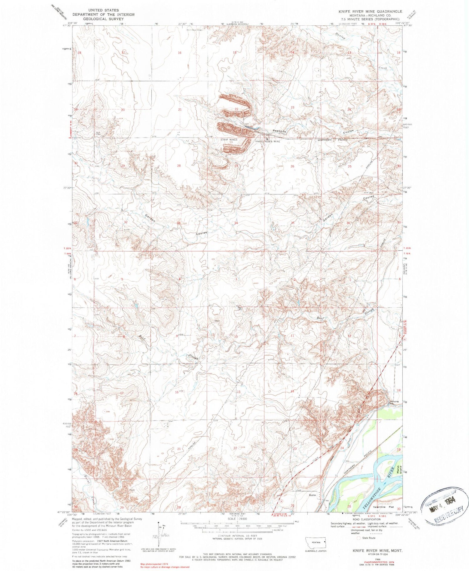 Classic USGS Knife River Mine Montana 7.5'x7.5' Topo Map Image