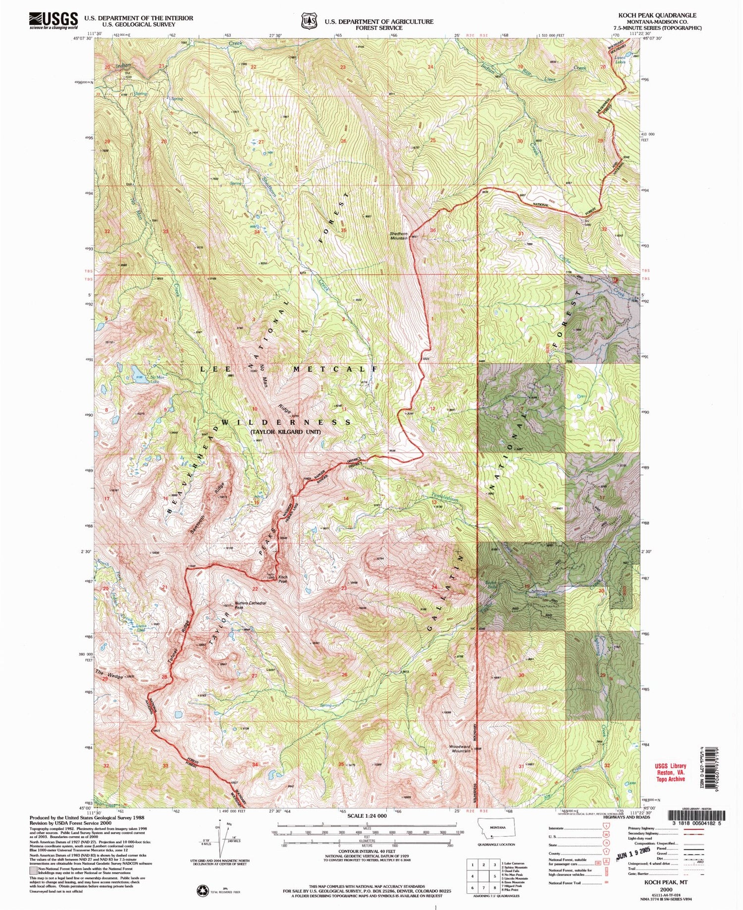 Classic USGS Koch Peak Montana 7.5'x7.5' Topo Map Image