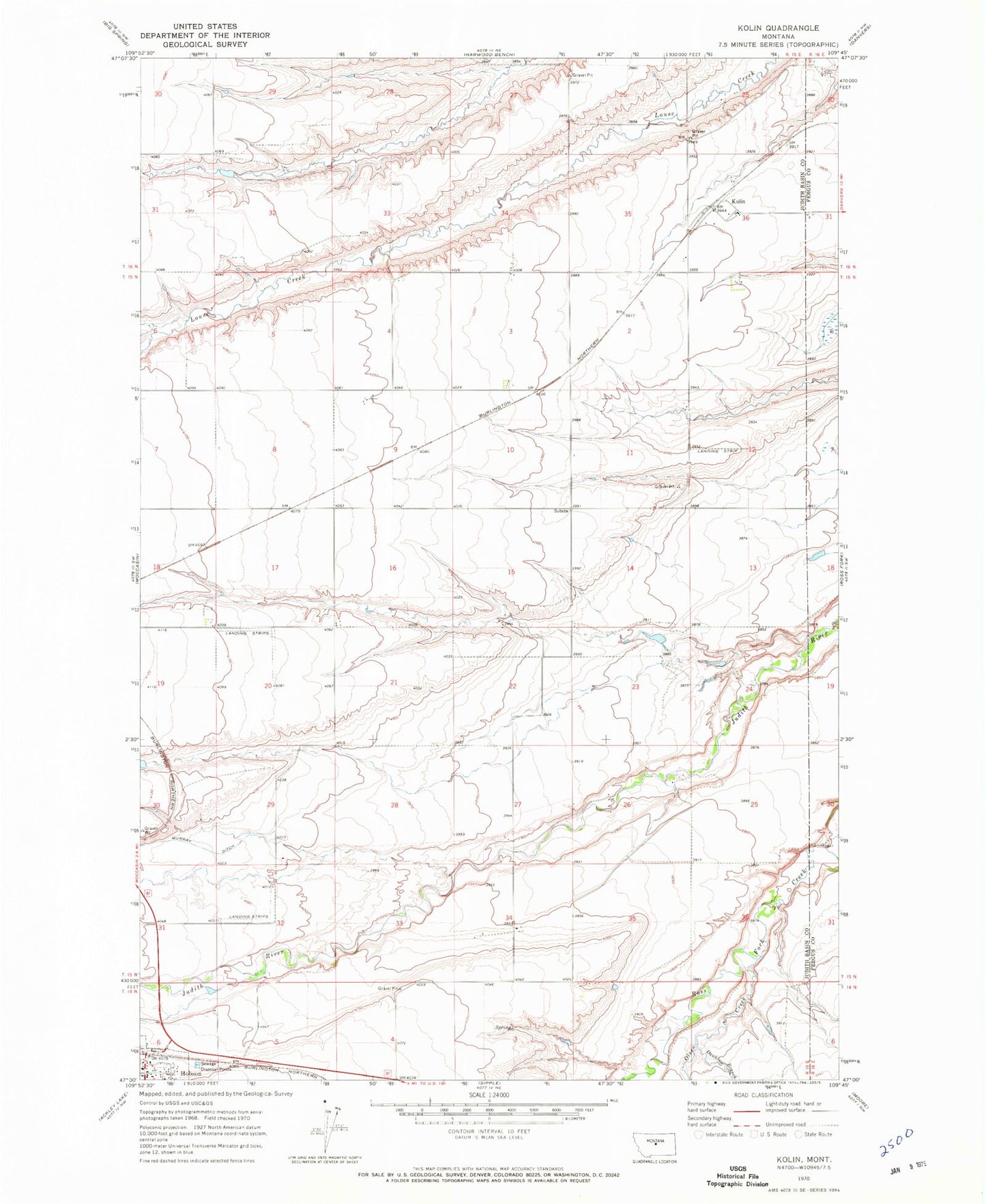Classic USGS Kolin Montana 7.5'x7.5' Topo Map Image