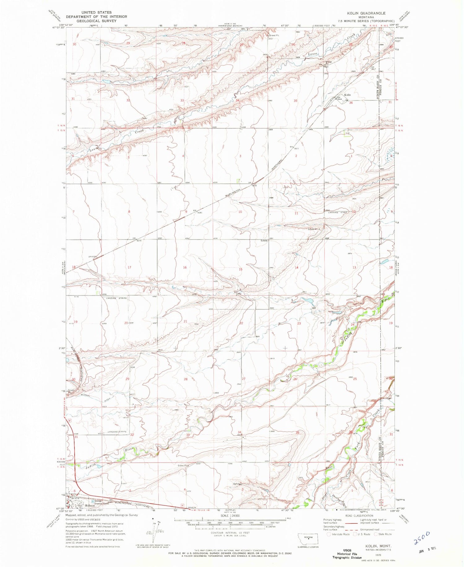 Classic USGS Kolin Montana 7.5'x7.5' Topo Map Image