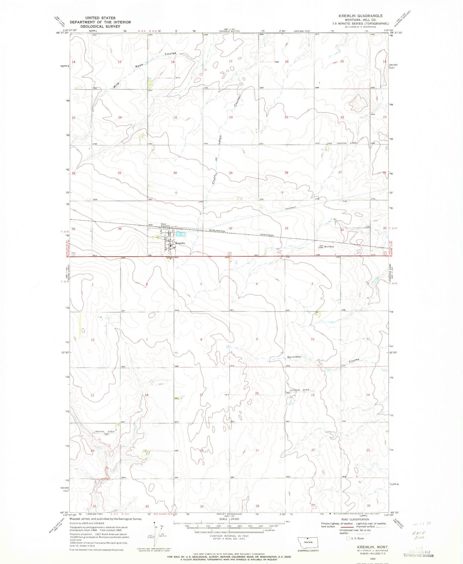 Classic USGS Kremlin Montana 7.5'x7.5' Topo Map Image