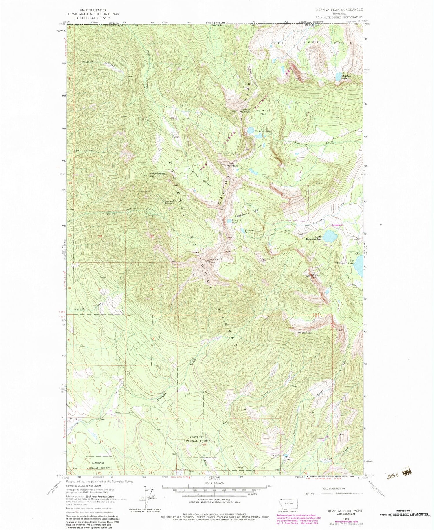 Classic USGS Ksanka Peak Montana 7.5'x7.5' Topo Map Image