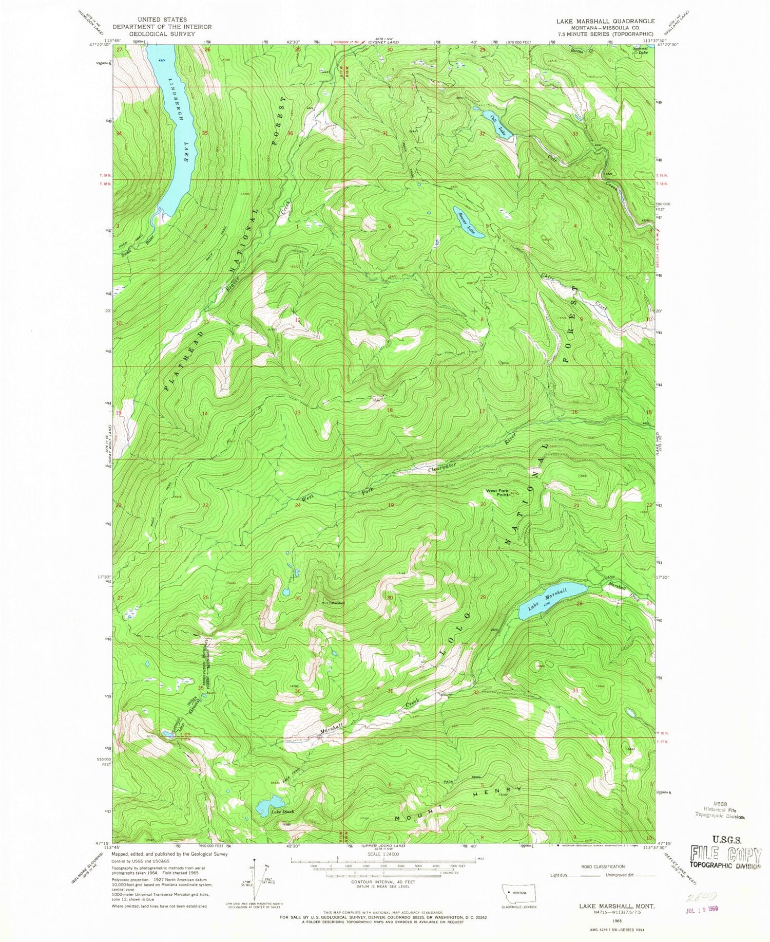 Classic USGS Lake Marshall Montana 7.5'x7.5' Topo Map Image