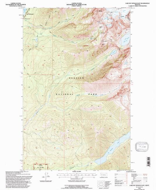 Classic USGS Lake McDonald East Montana 7.5'x7.5' Topo Map Image