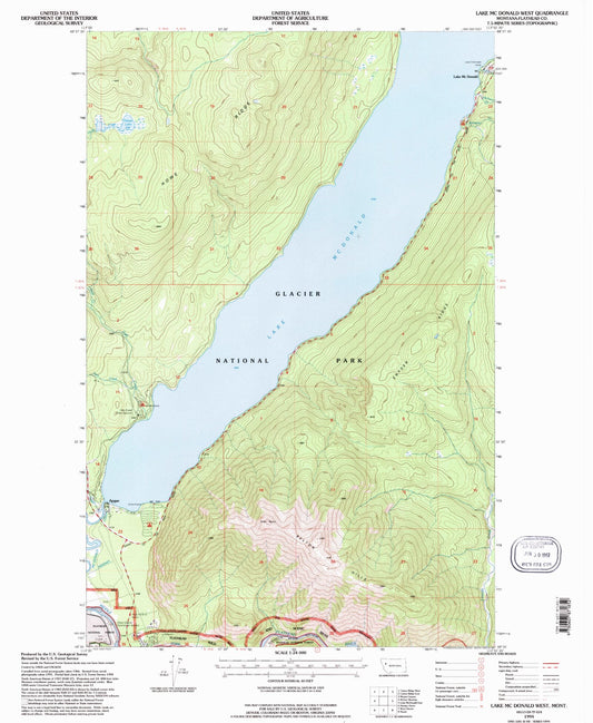 Classic USGS Lake McDonald West Montana 7.5'x7.5' Topo Map Image