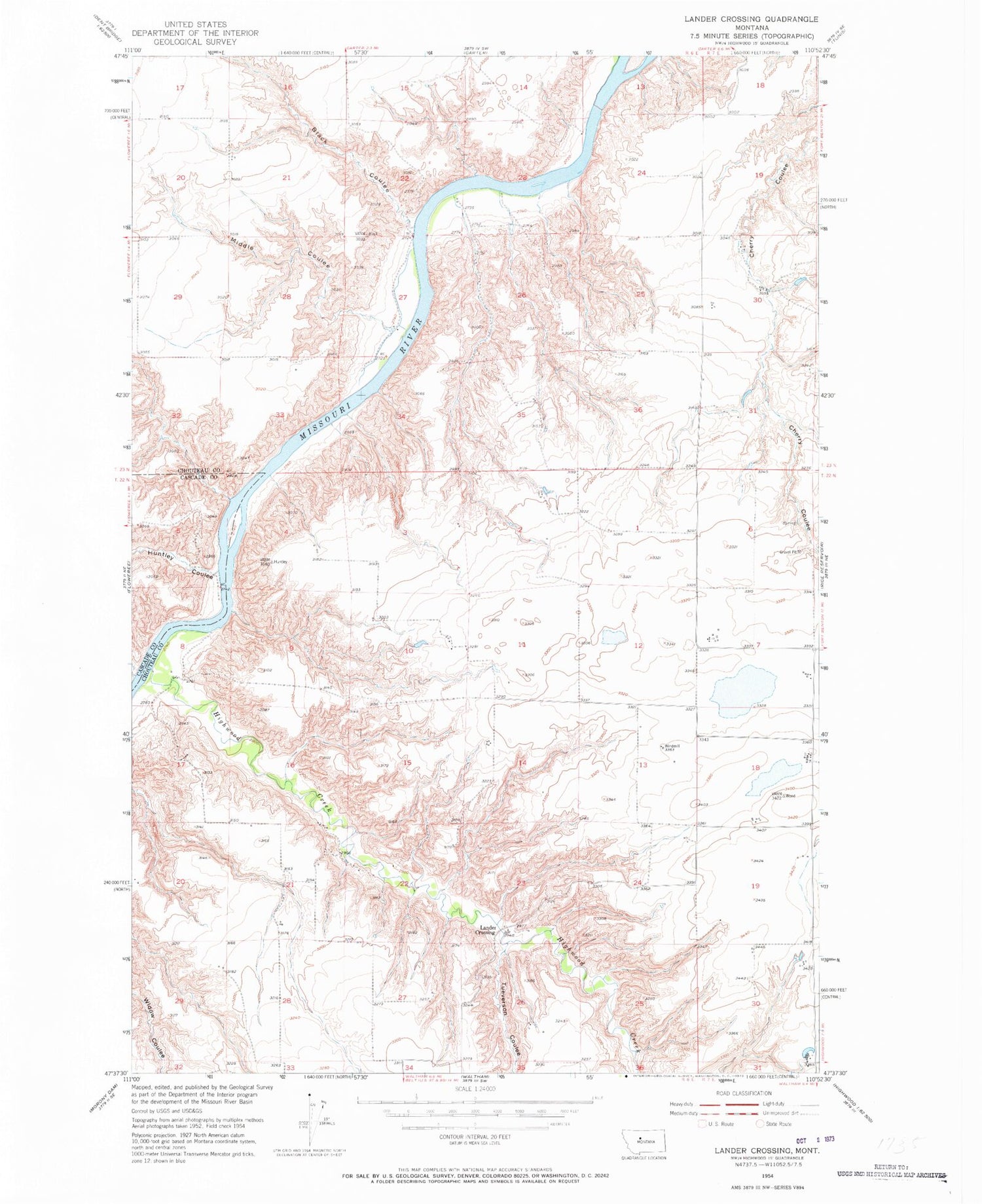 Classic USGS Lander Crossing Montana 7.5'x7.5' Topo Map Image