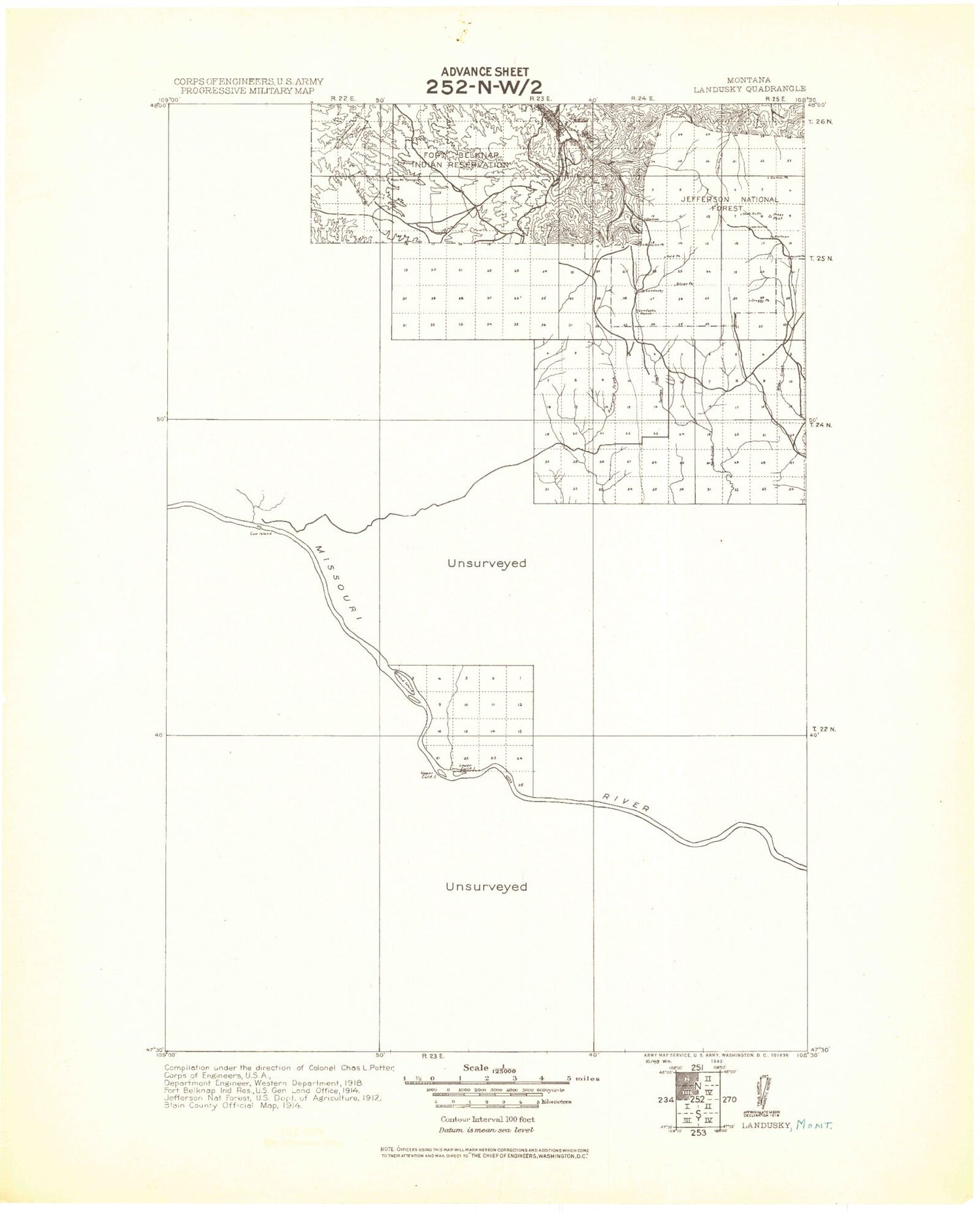 Historic 1943 Landusky Montana 30'x30' Topo Map Image
