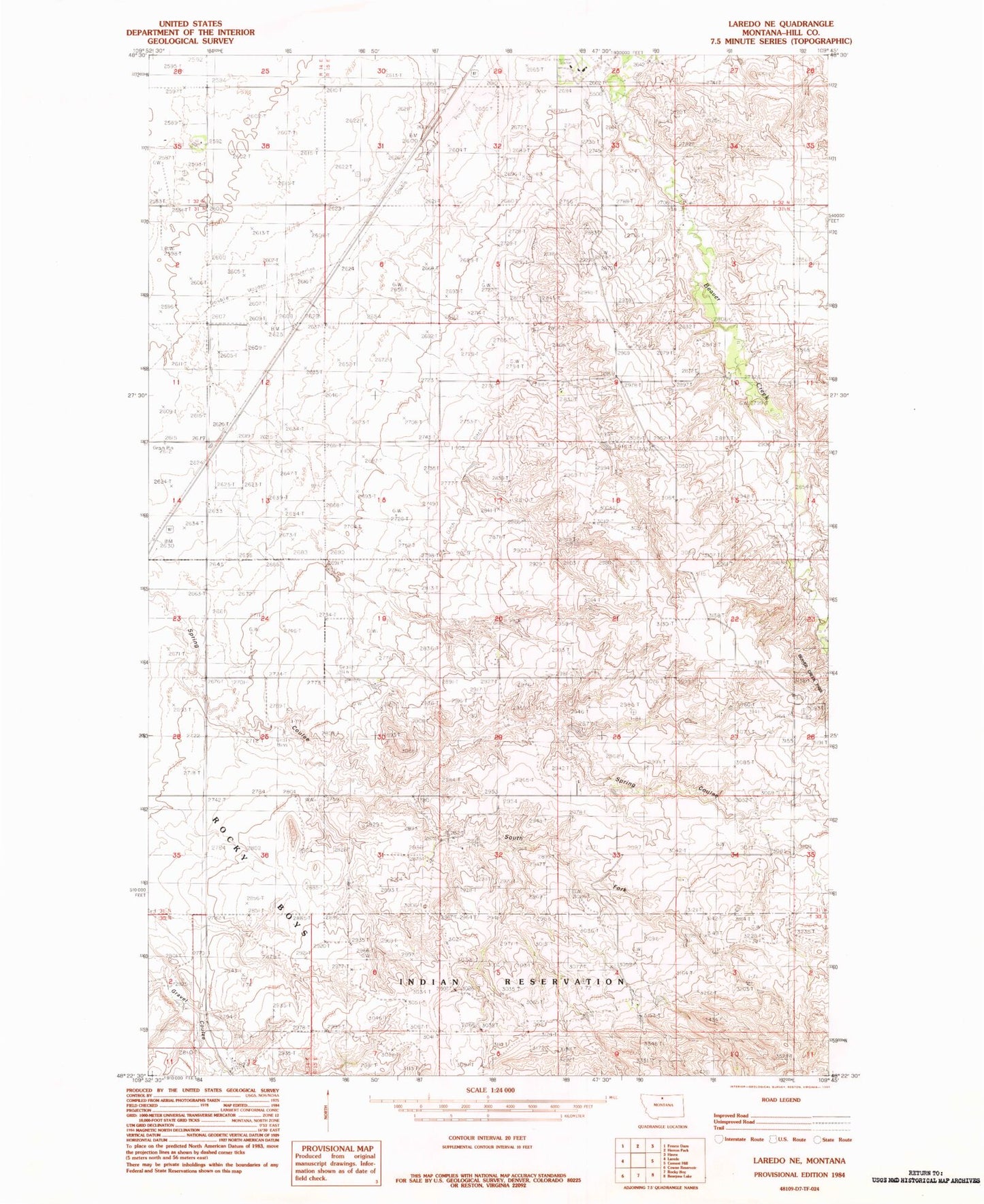 Classic USGS Laredo NE Montana 7.5'x7.5' Topo Map Image