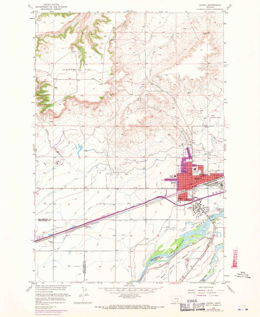Classic USGS Laurel Montana 7.5'x7.5' Topo Map Image