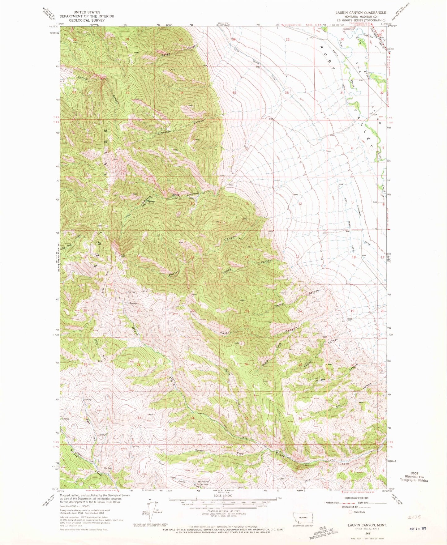 Classic USGS Laurin Canyon Montana 7.5'x7.5' Topo Map Image