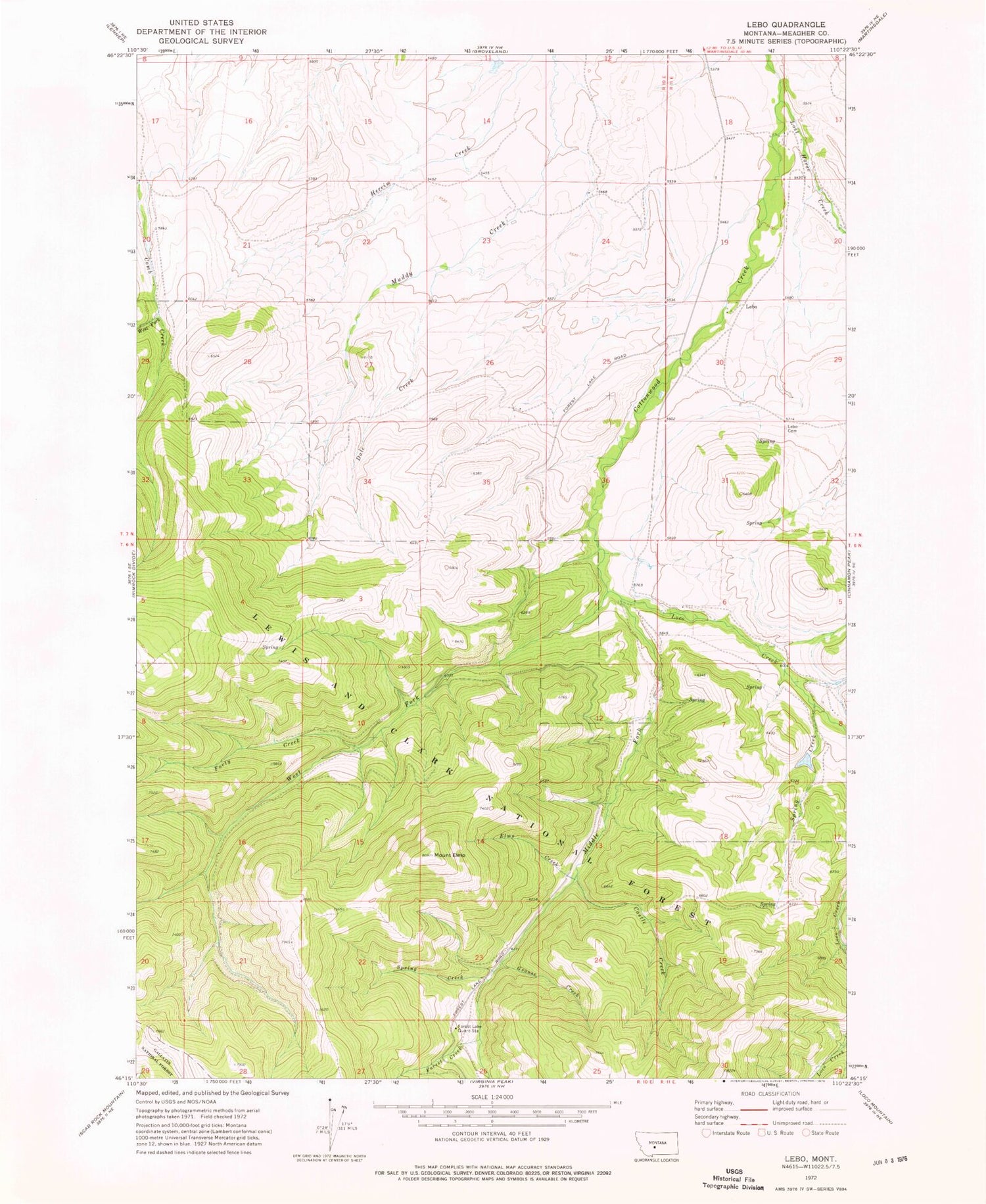 Classic USGS Lebo Montana 7.5'x7.5' Topo Map Image