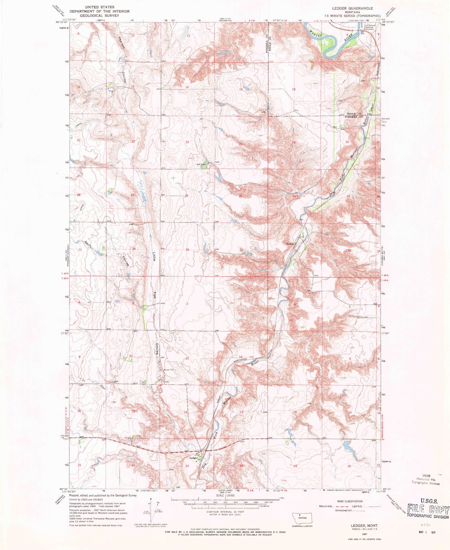 Classic USGS Ledger Montana 7.5'x7.5' Topo Map Image