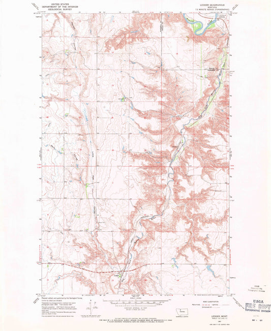 Classic USGS Ledger Montana 7.5'x7.5' Topo Map Image