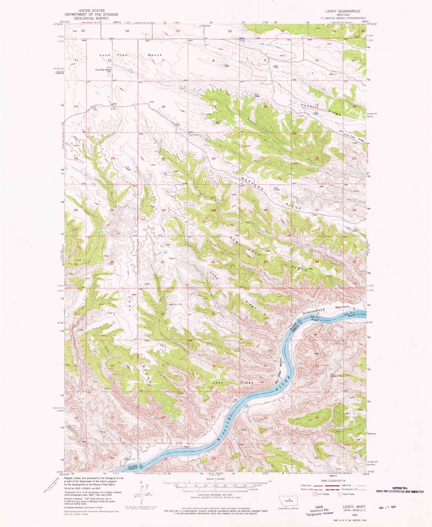 Classic USGS Leroy Montana 7.5'x7.5' Topo Map Image