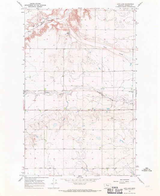 Classic USGS Letz Lake Montana 7.5'x7.5' Topo Map Image