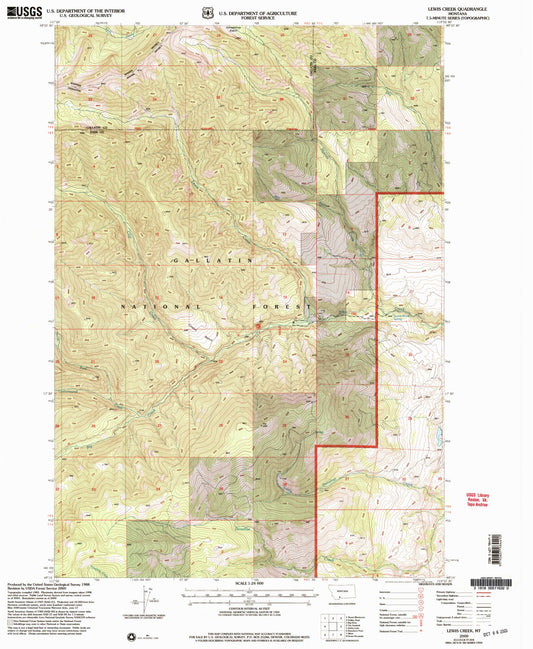 Classic USGS Lewis Creek Montana 7.5'x7.5' Topo Map Image