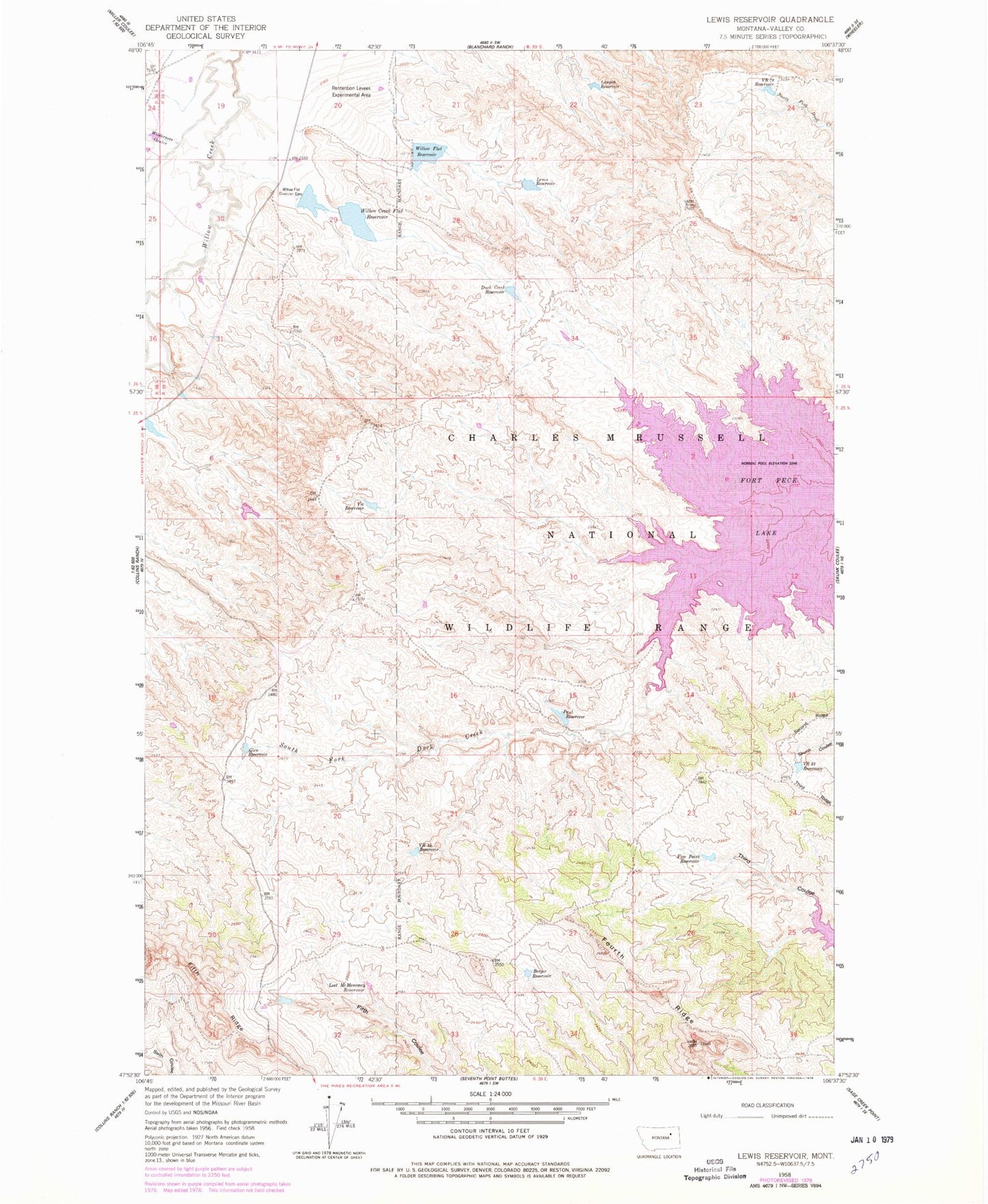 Classic USGS Lewis Reservoir Montana 7.5'x7.5' Topo Map Image