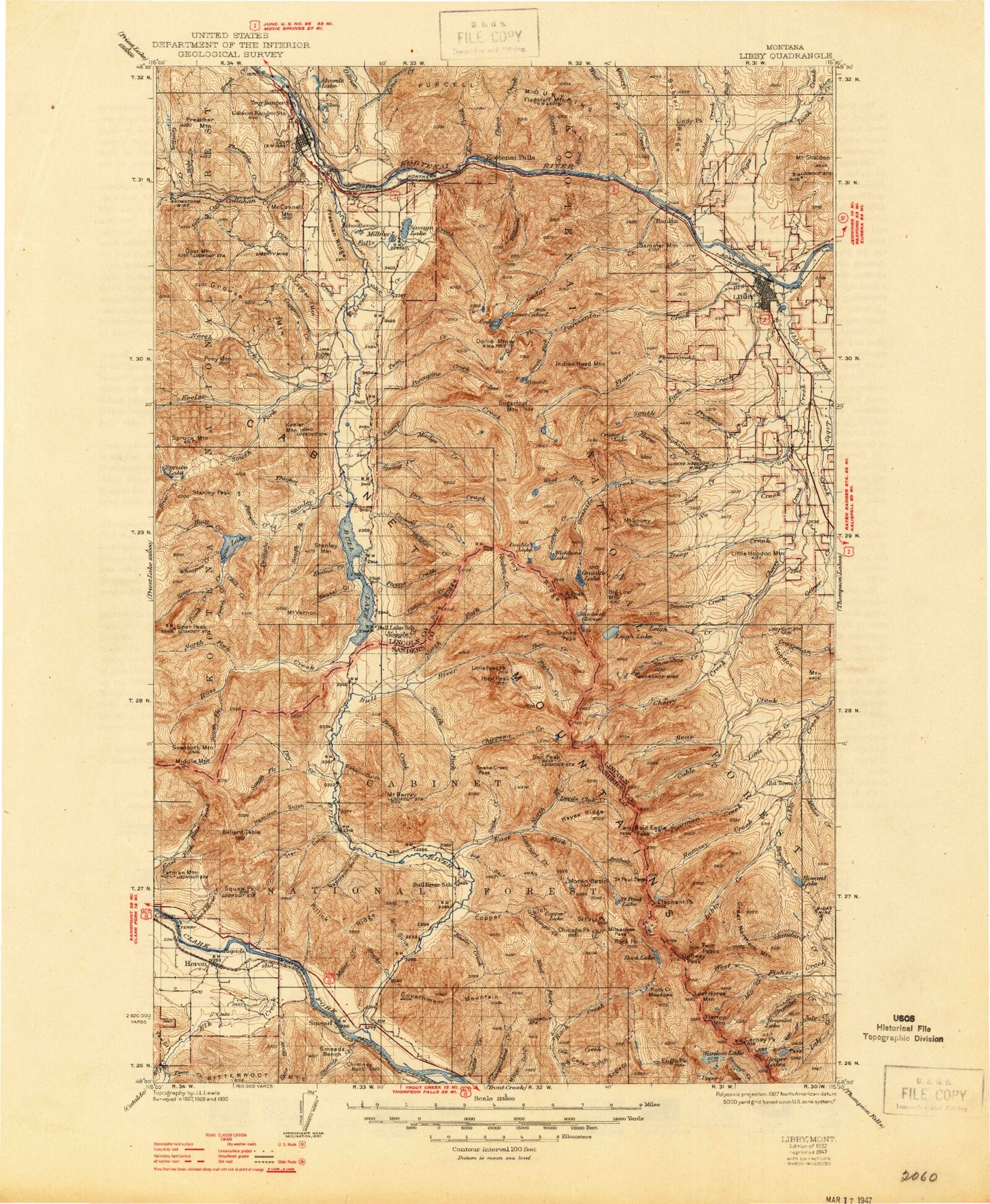 Historic 1932 Libby Montana 30'x30' Topo Map Image
