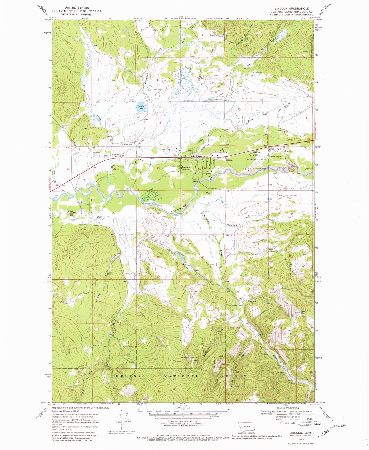 Classic USGS Lincoln Montana 7.5'x7.5' Topo Map Image