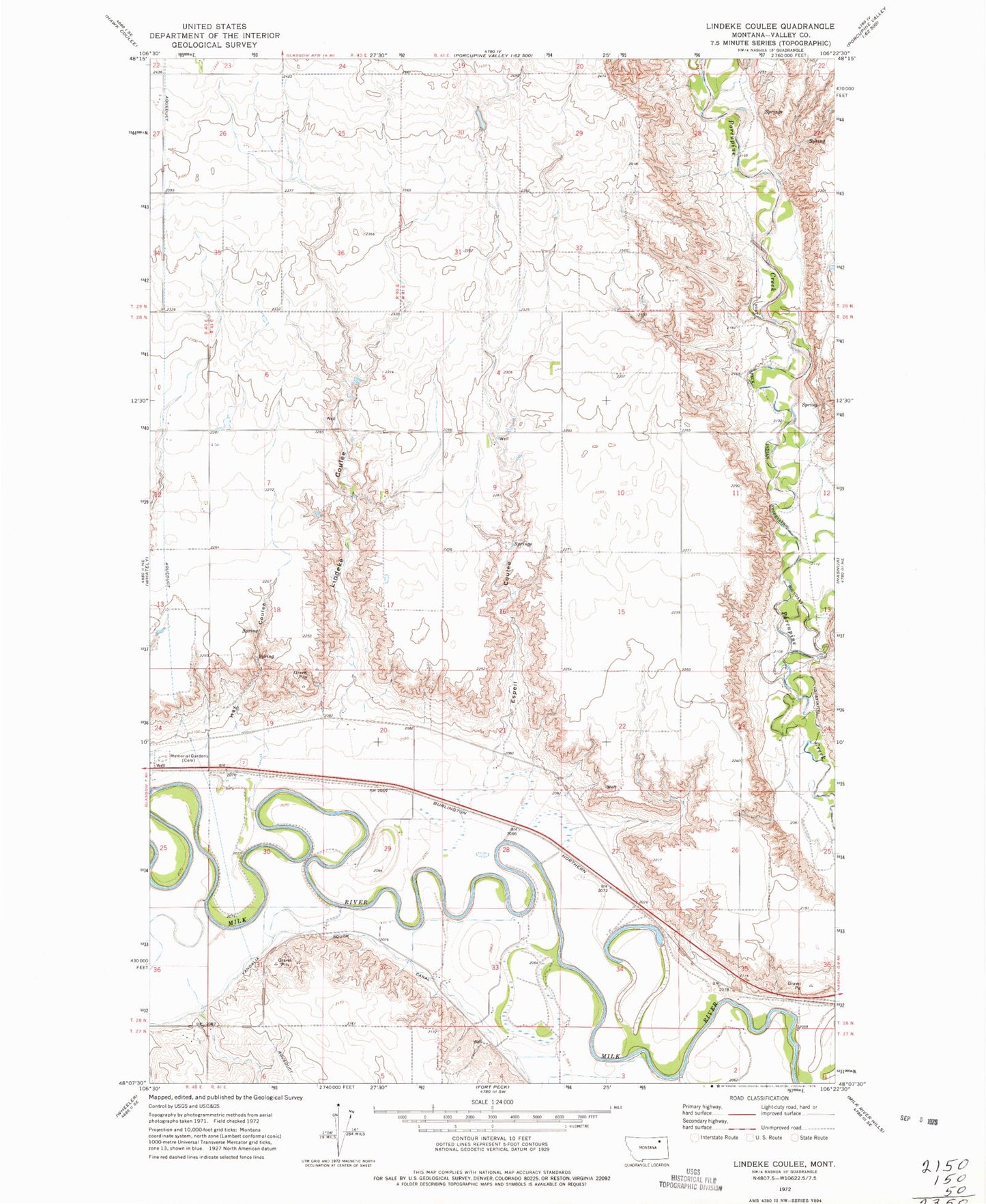 Classic USGS Lindeke Coulee Montana 7.5'x7.5' Topo Map Image