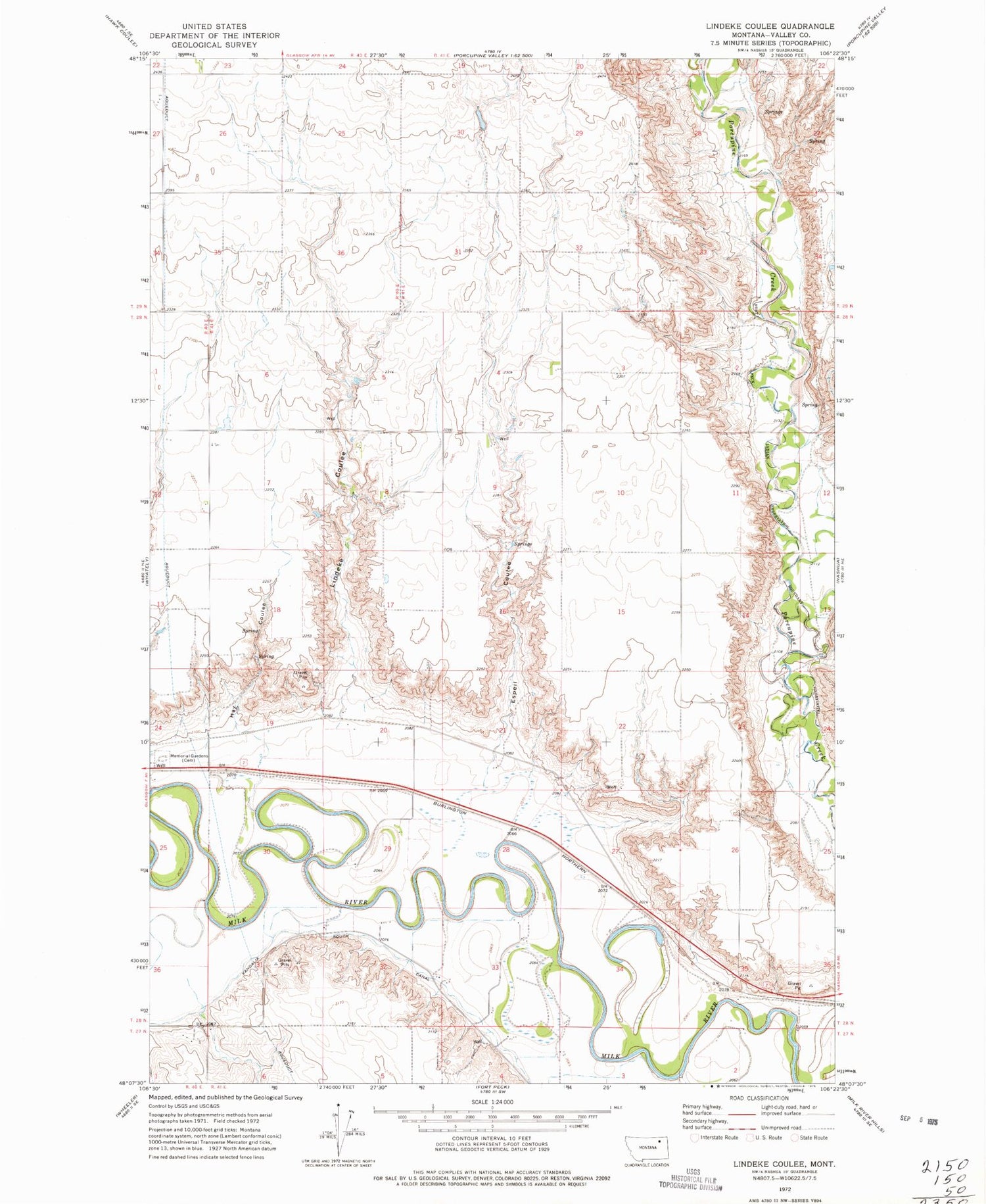 Classic USGS Lindeke Coulee Montana 7.5'x7.5' Topo Map Image