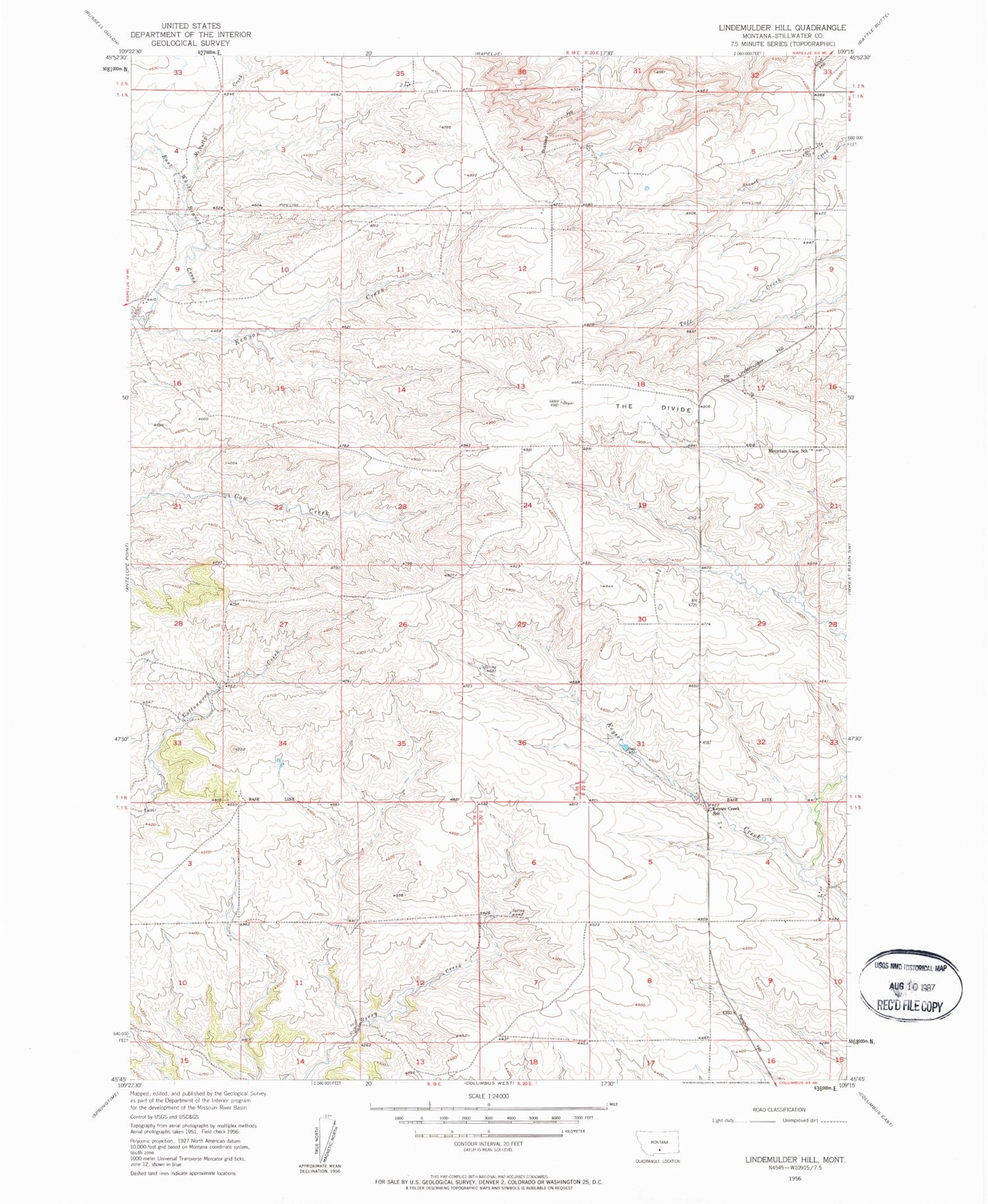 Classic USGS Lindemulder Hill Montana 7.5'x7.5' Topo Map Image