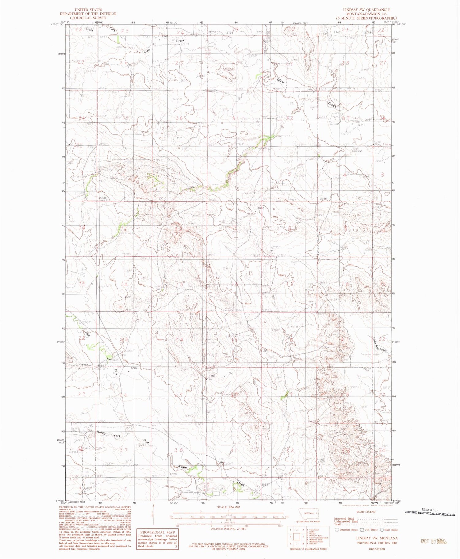 Classic USGS Lindsay SW Montana 7.5'x7.5' Topo Map Image