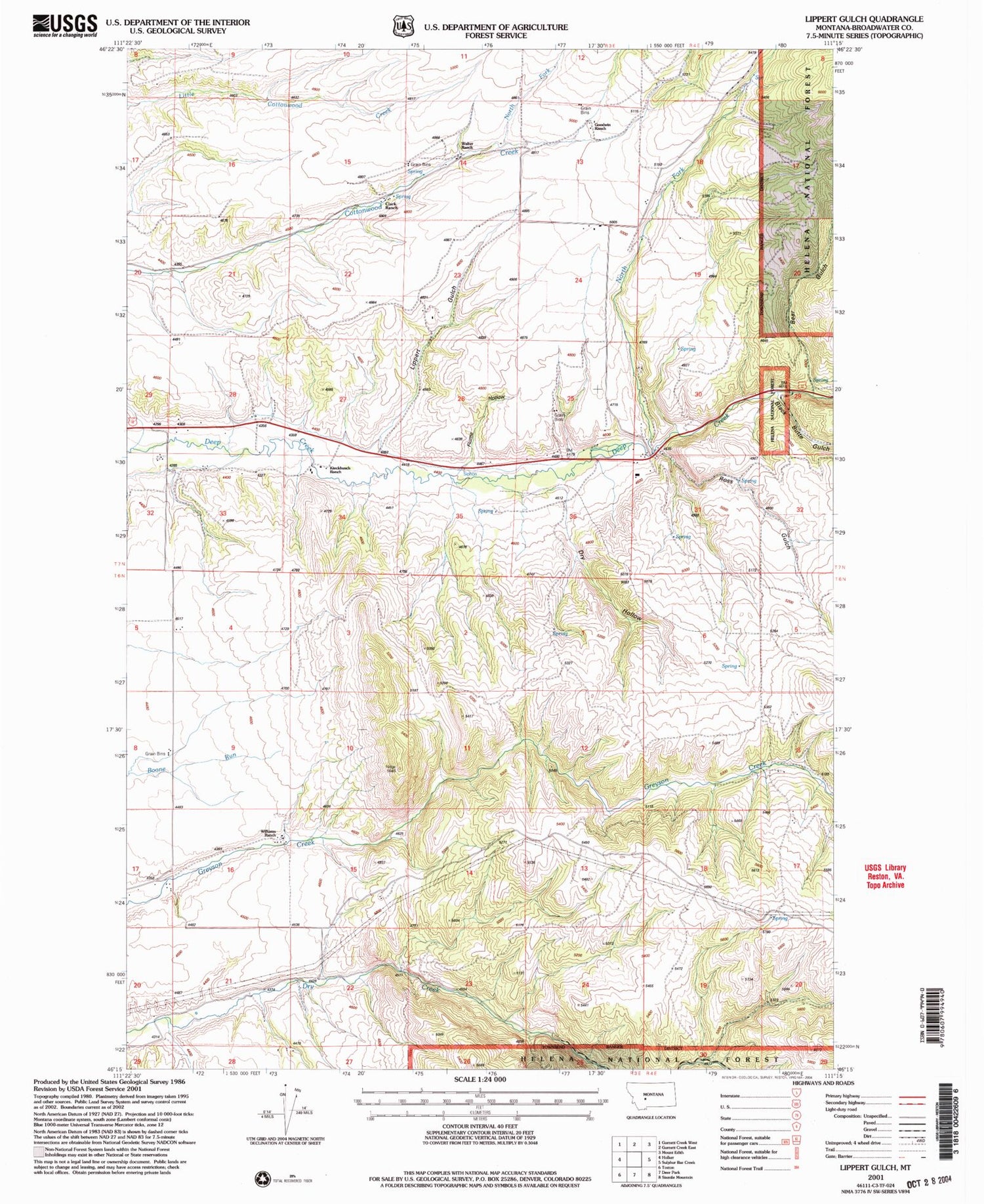 Classic USGS Lippert Gulch Montana 7.5'x7.5' Topo Map Image