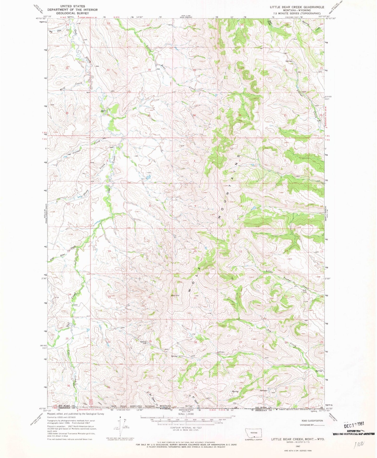 Classic USGS Little Bear Creek Montana 7.5'x7.5' Topo Map Image