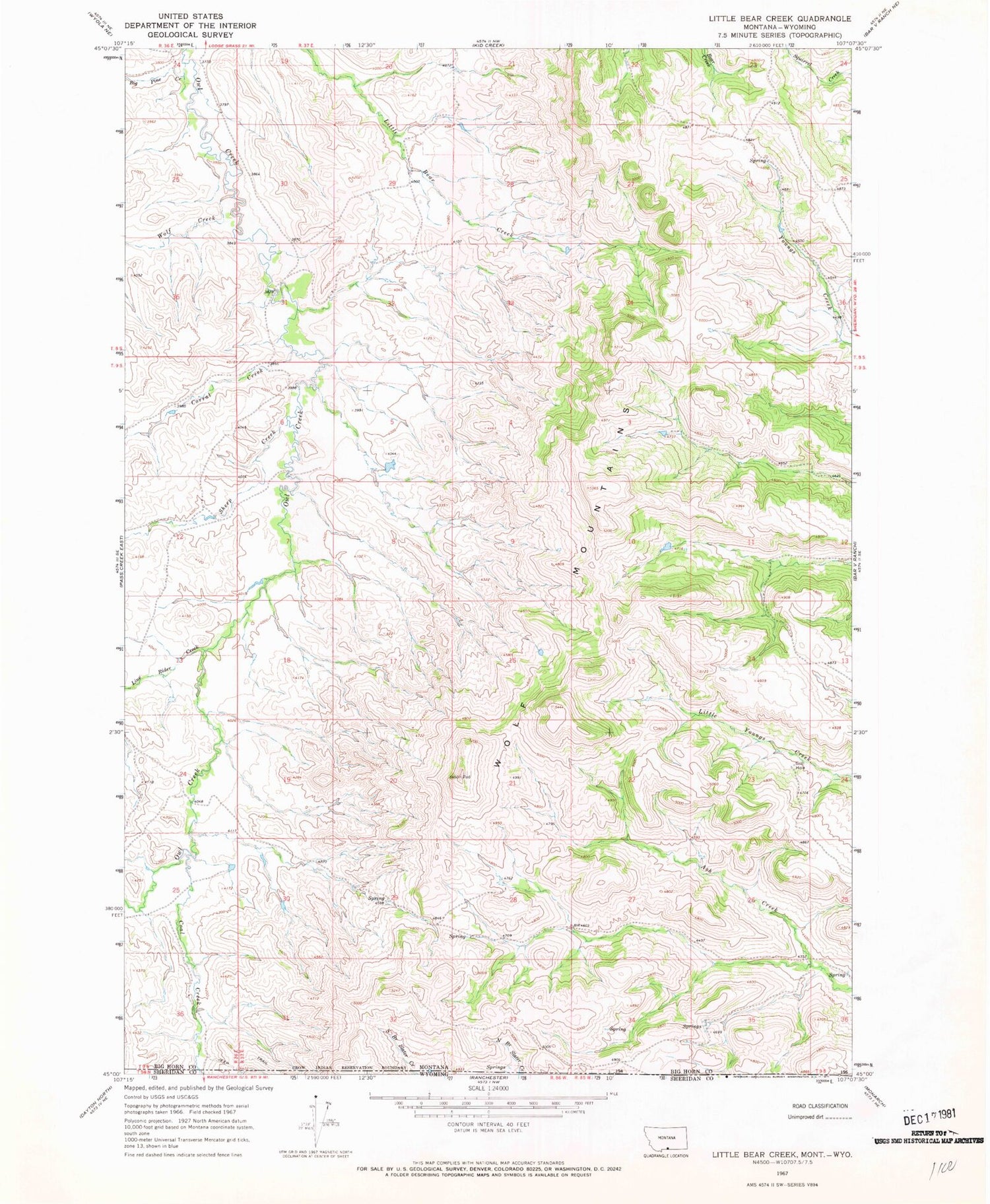 Classic USGS Little Bear Creek Montana 7.5'x7.5' Topo Map Image
