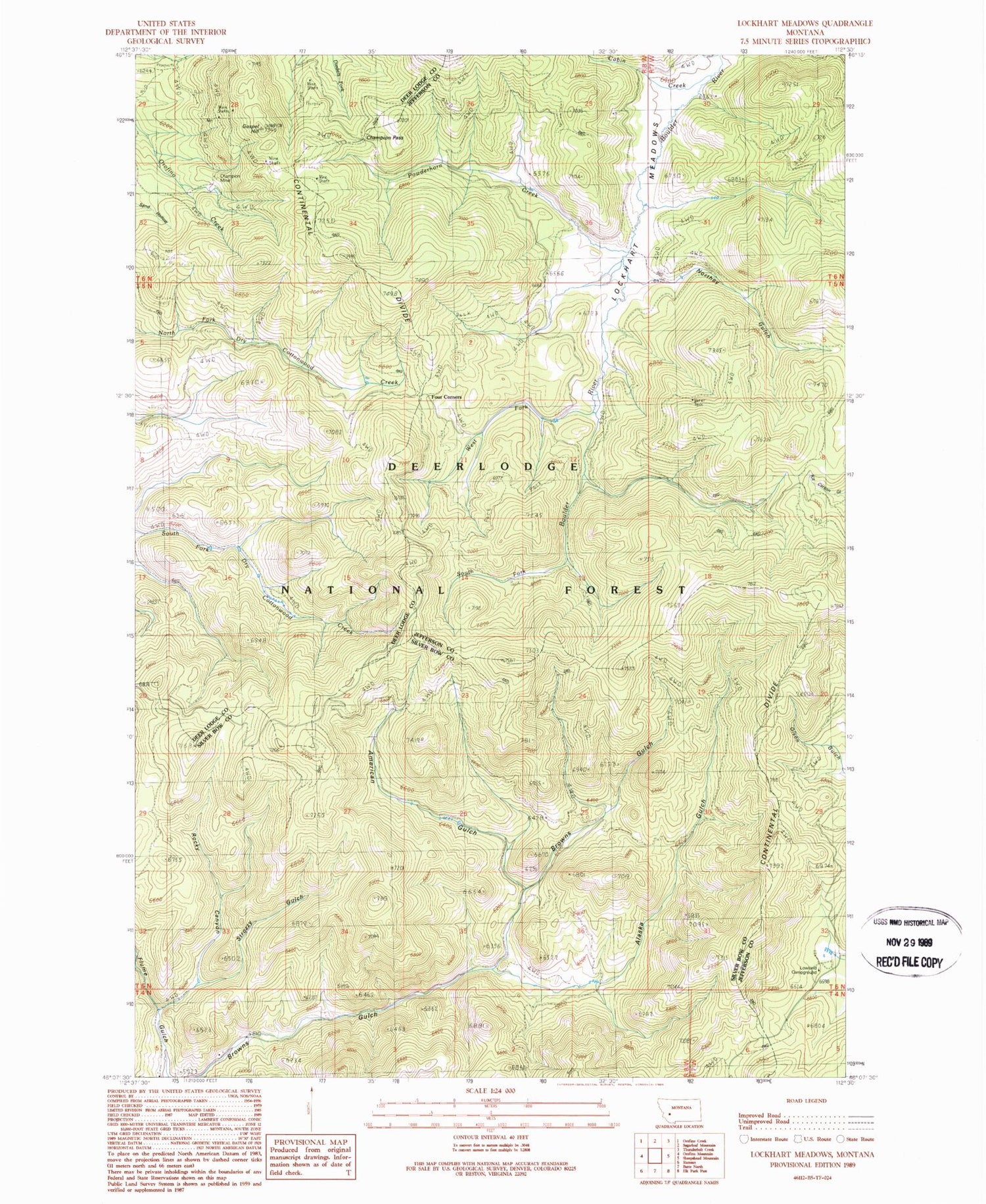 Classic USGS Lockhart Meadows Montana 7.5'x7.5' Topo Map Image