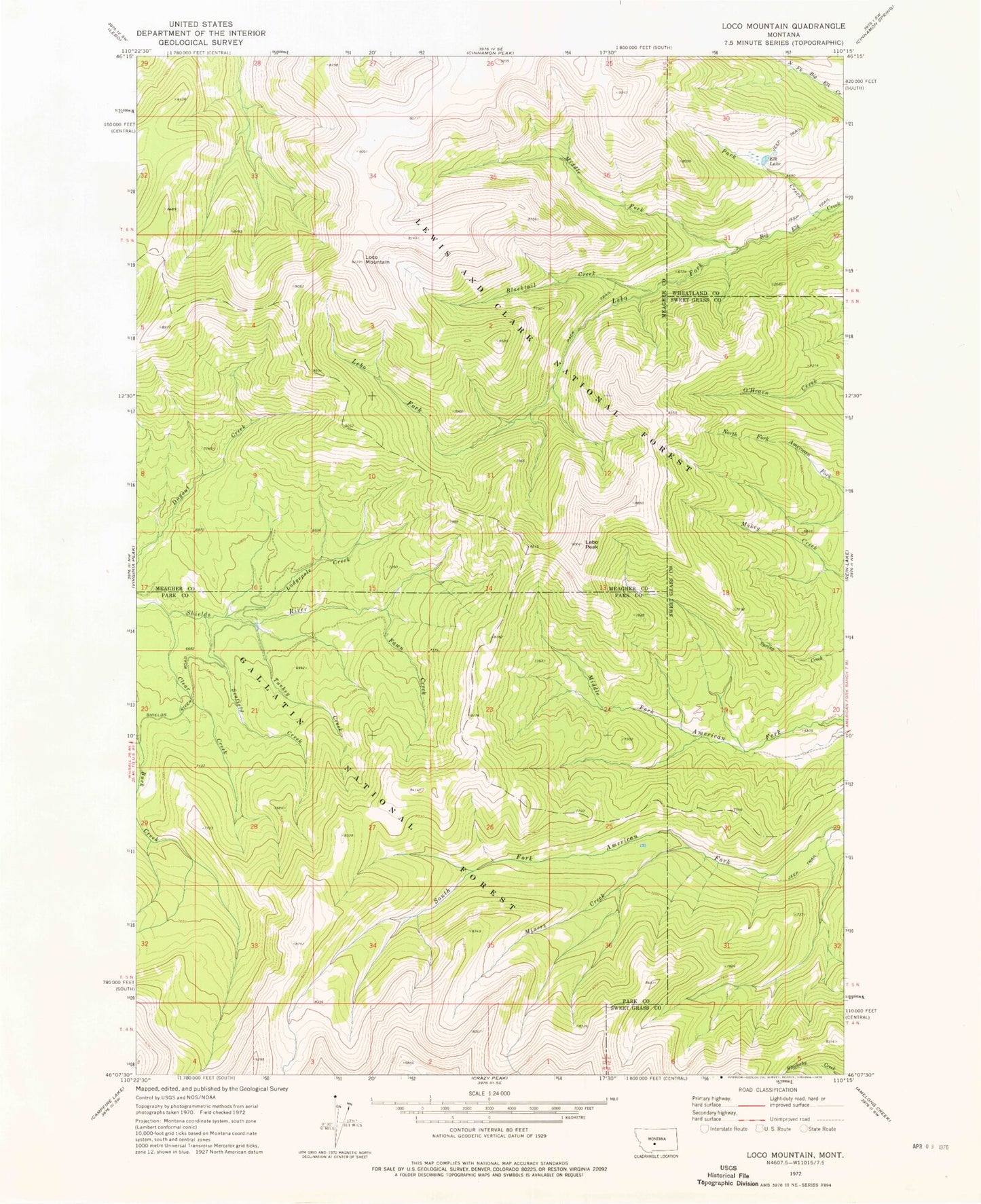 Classic USGS Loco Mountain Montana 7.5'x7.5' Topo Map Image