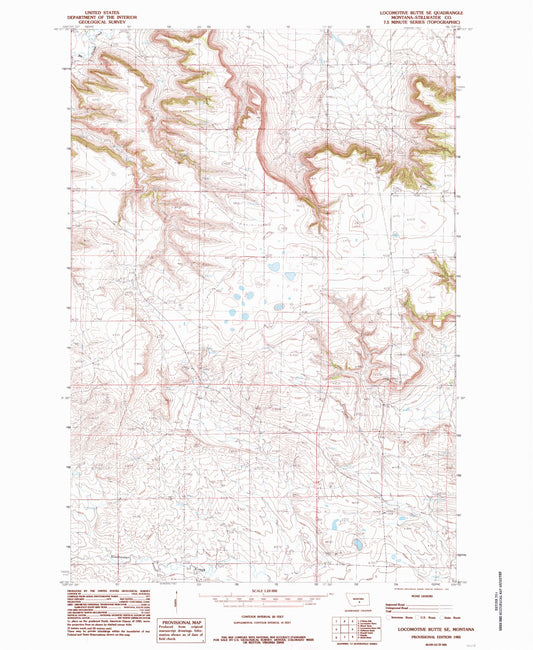 Classic USGS Locomotive Butte SE Montana 7.5'x7.5' Topo Map Image