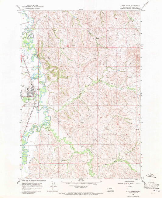 Classic USGS Lodge Grass Montana 7.5'x7.5' Topo Map Image