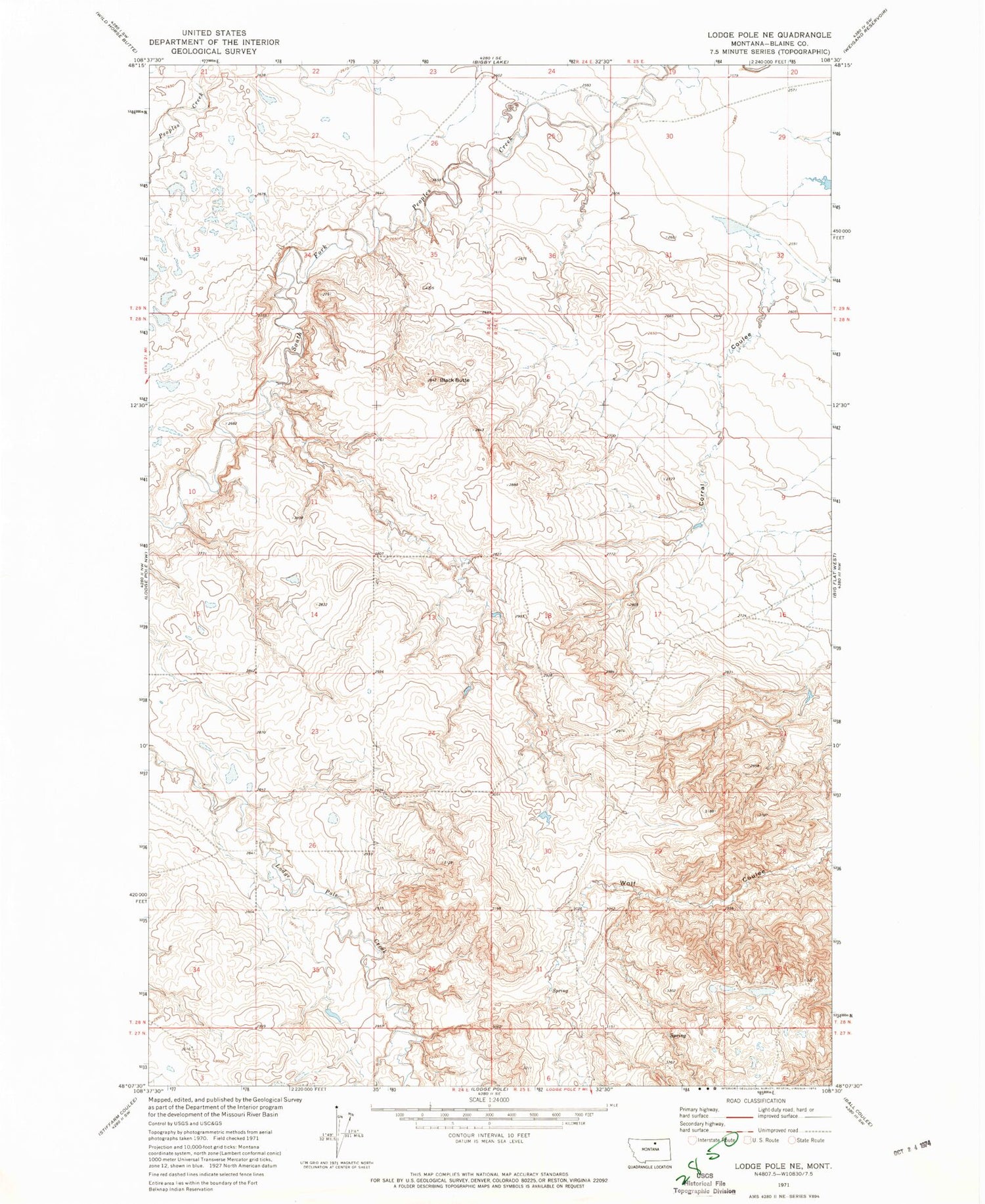 Classic USGS Lodge Pole NE Montana 7.5'x7.5' Topo Map Image