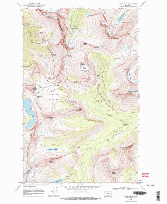 USGS Classic Logan Pass Montana 7.5'x7.5' Topo Map Image