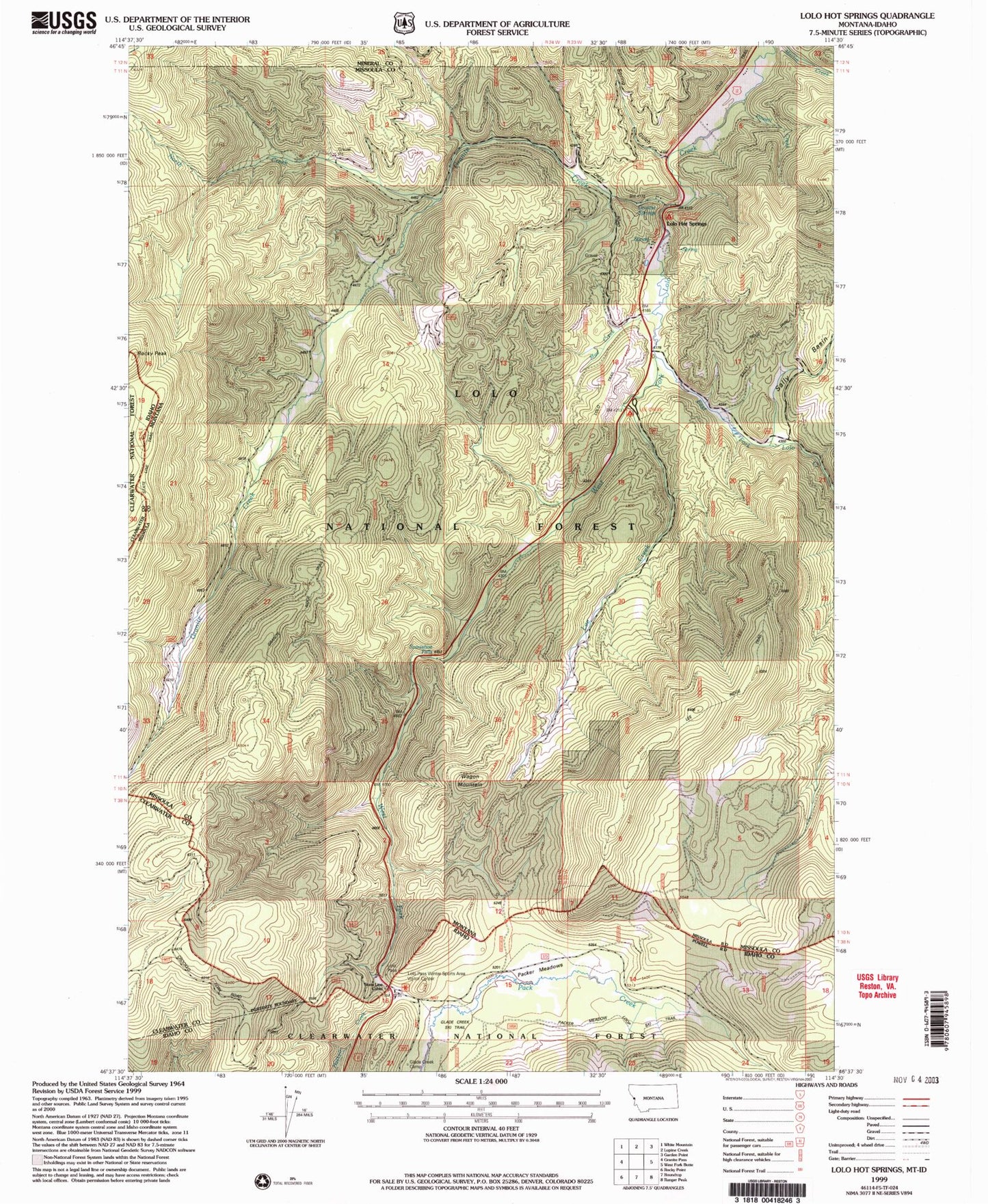 Classic USGS Lolo Hot Springs Montana 7.5'x7.5' Topo Map Image