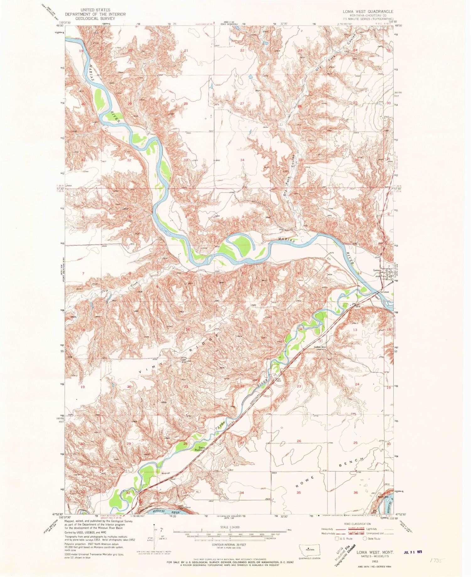Classic USGS Loma West Montana 7.5'x7.5' Topo Map Image