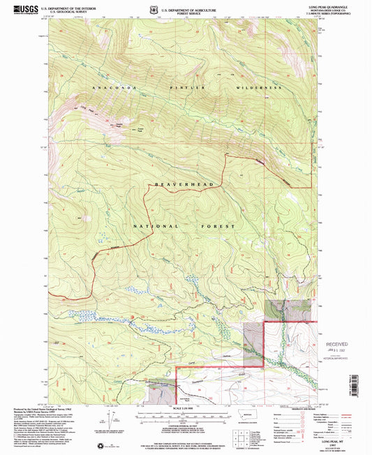Classic USGS Long Peak Montana 7.5'x7.5' Topo Map Image