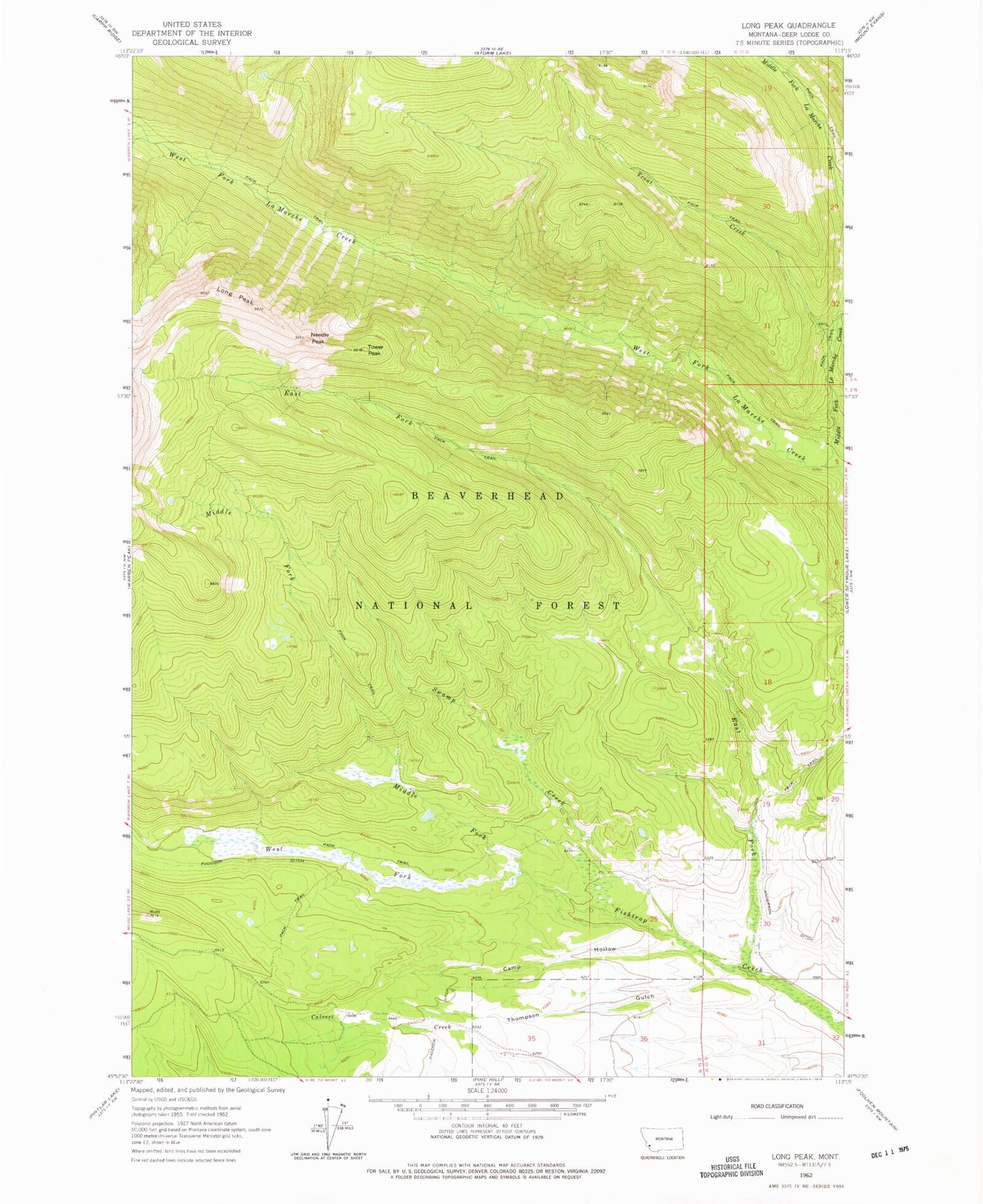 Classic USGS Long Peak Montana 7.5'x7.5' Topo Map Image