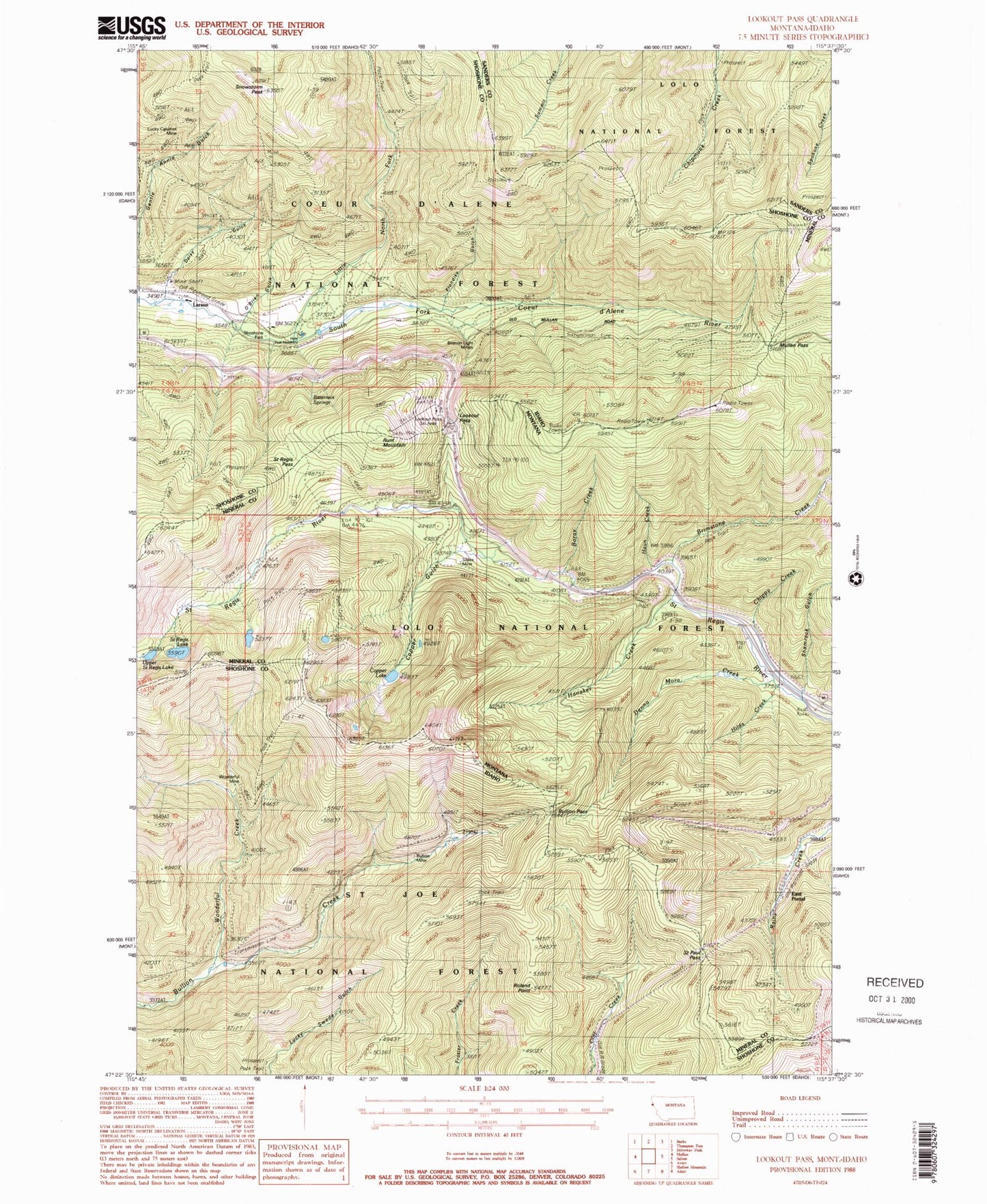 Classic USGS Lookout Pass Montana 7.5'x7.5' Topo Map Image